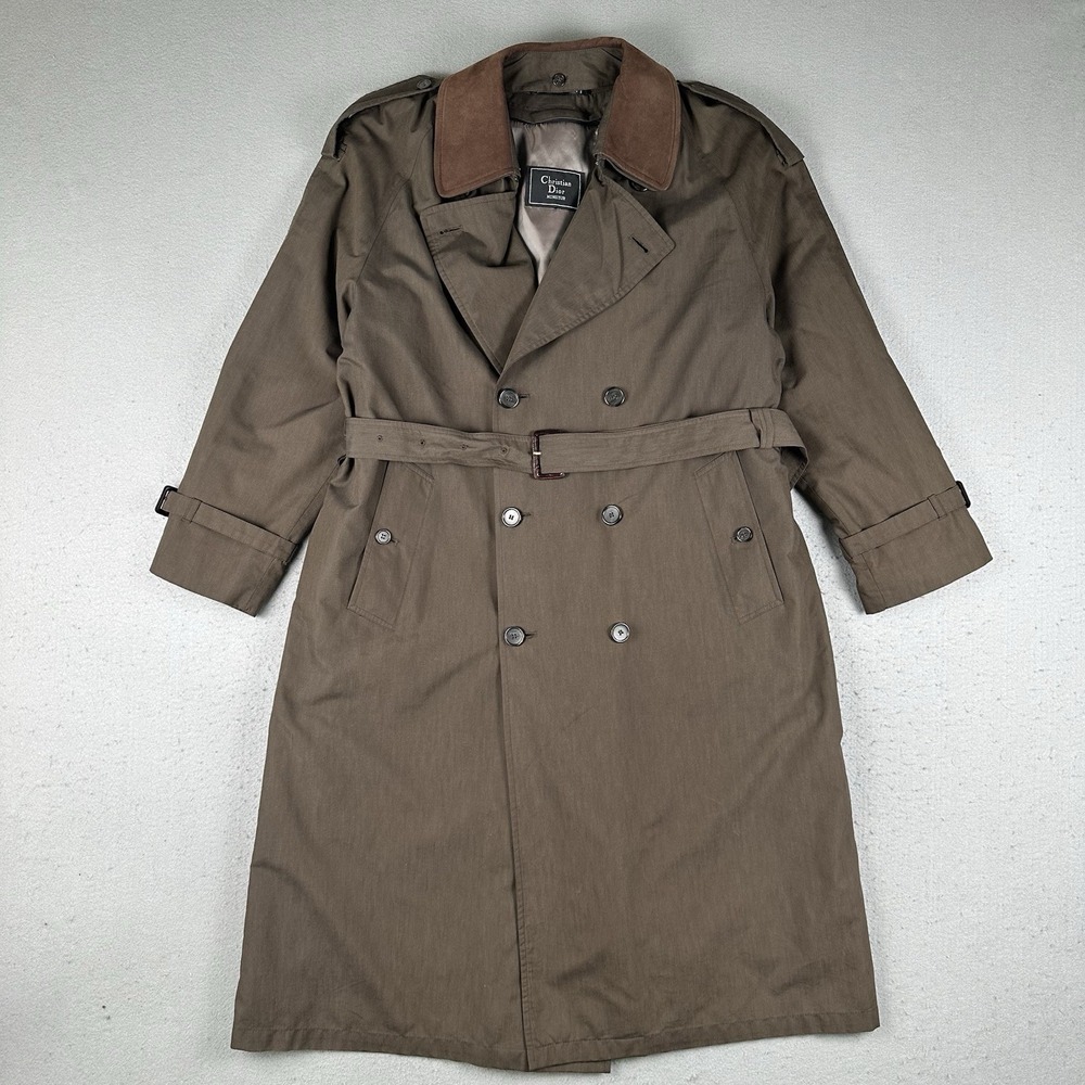 Vintage Christian Dior Trench Coat Men's 40 Reg Brown Wool Liner Belted Collared
